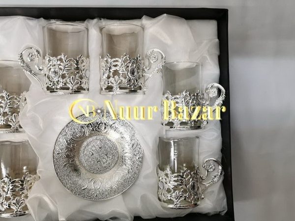 Tea glass with glass holder and saucers, set of 6