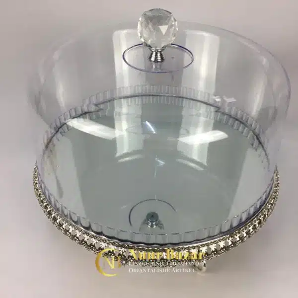 Mundgeblasener Tortenständer mit Platinrand und Glasdeckel