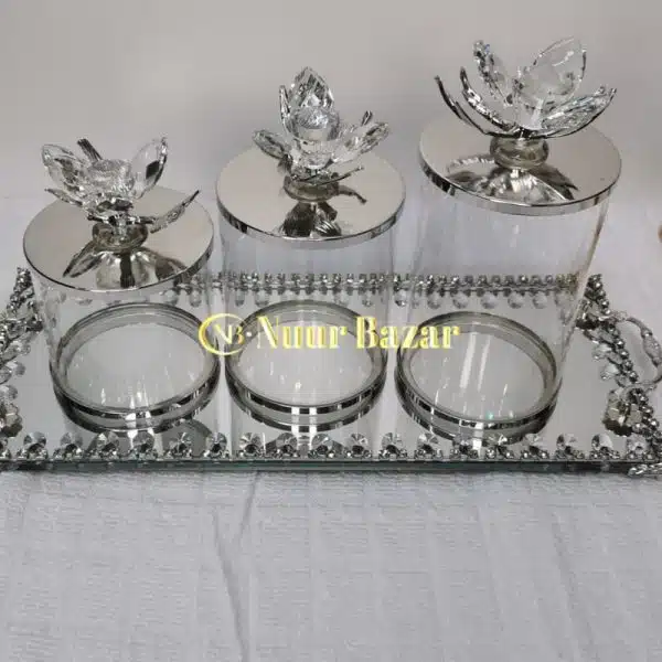 Storage jar set, 3 pieces with mirror tray
